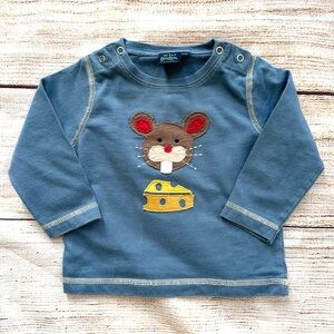 Mini Boden Blue Mouse w. Cheese Appliqué LS T-shirt Boy’s Sz 6-12M